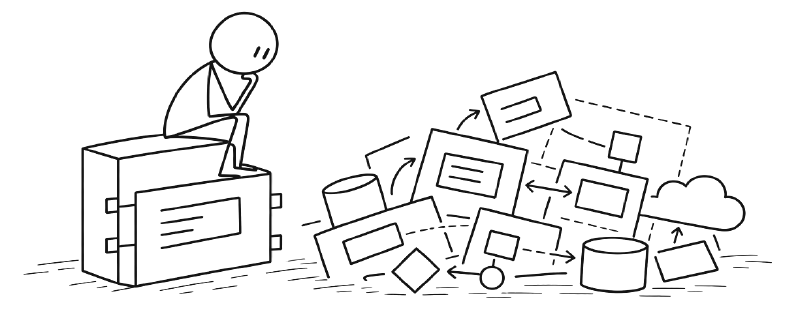 A thinker contemplating a pile of architectural diagrams