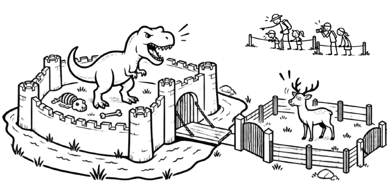 A zoo with different enclosures for different animals.